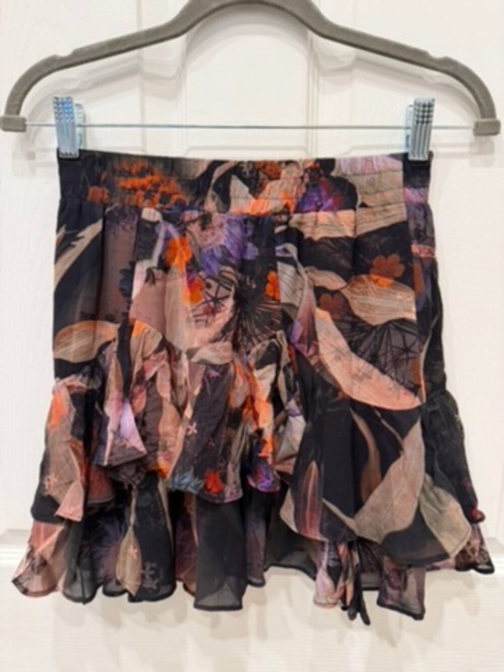 AllSaints Tippi Floral Ruffle Tiered Mini Skirt US 2 Viscose Black Smocked